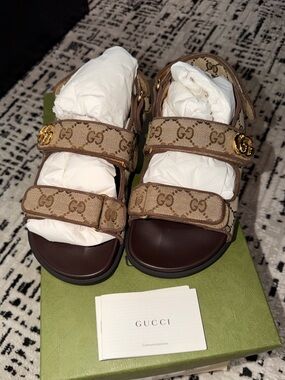 Gucci Beige Brown GG Canvas Double Strap Sandals with Gold Hardware